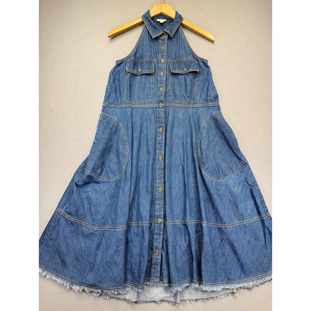 Pilcro Anthropologie XS Blue Denim Halter Button‎ Front Midi Dress OB1948697